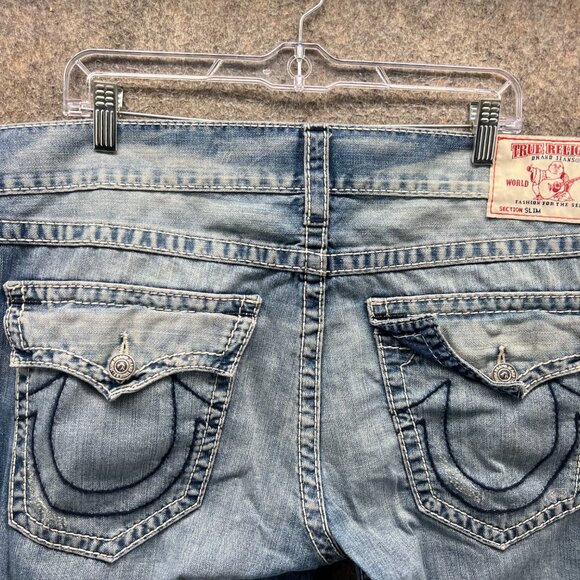 Vintage True Religion Jeans Mens 42 Blue Denim Distressed Cotton Straight Ripped - Picture 3 of 11
